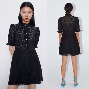 Zara Black Lace Short Sleeve Lolita Dress High Neck & Ruffles XL